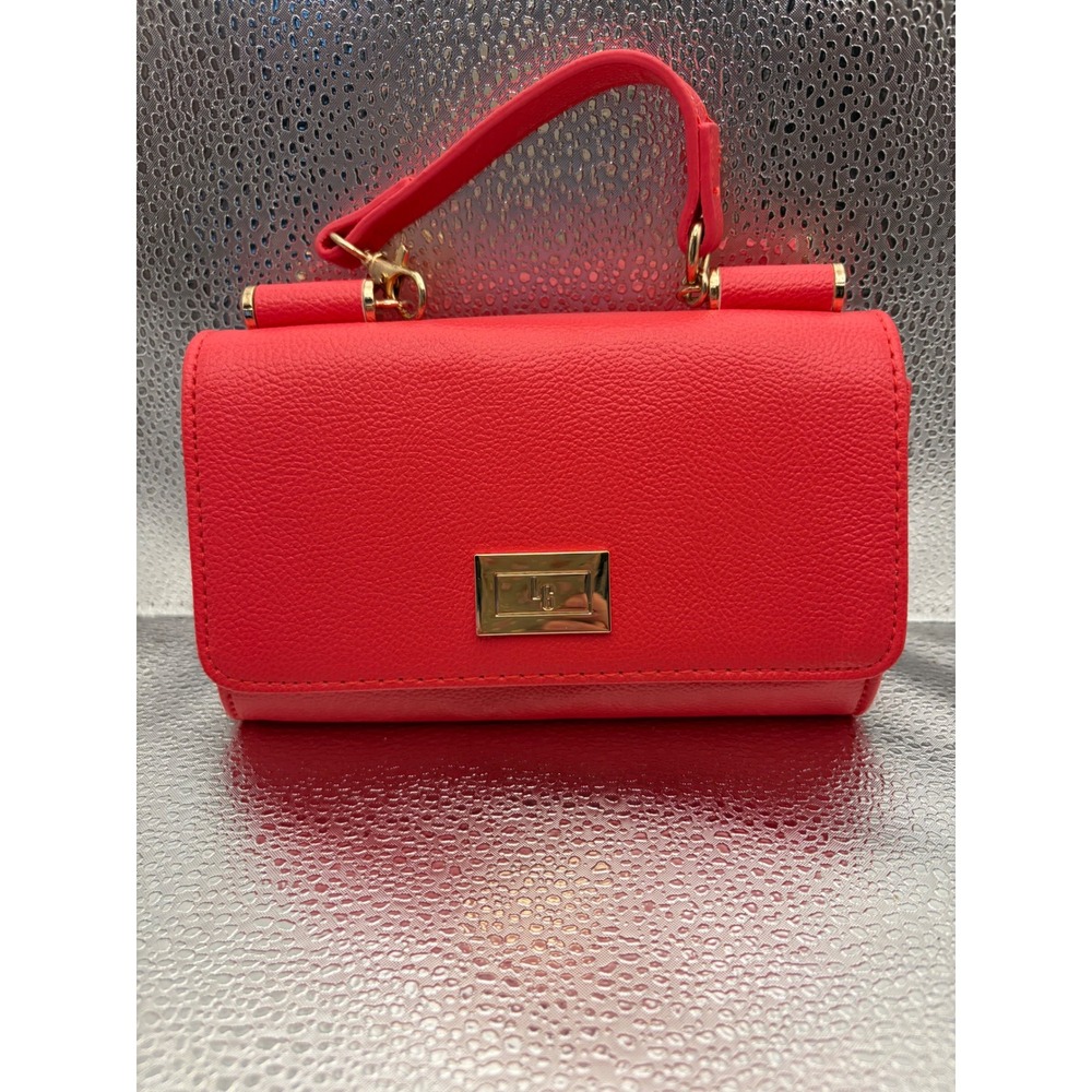 Lulu Guinness Red Pebbled Faux Leather Crossbody Bag Gold Chain Strap Top Handle